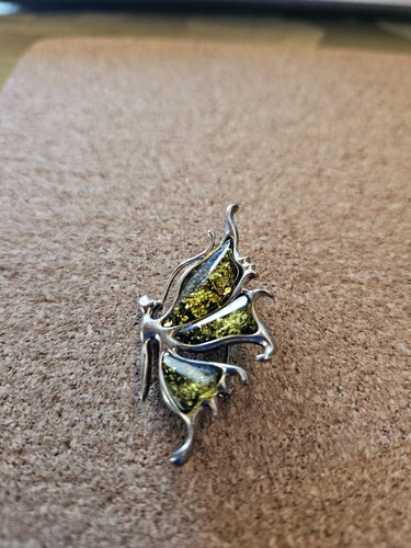 Silver brooch green amber - green, leaf