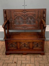 Victorian Solid Carved Oak Monks Bench, 1800's Settle