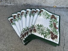 Holiday Pinecone Placemats 19”x13” Set Of 8  Fabric Red Berries Green Christmas.