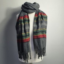 ROOTS Wool Blend Navajo Stripe Border Oversized Shawl Wrap Scarf Fringe Grey NWT