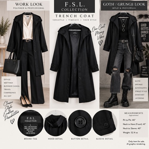 Black long trench - trench, coat