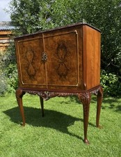 Antique Reproduction Burr Walnut Cocktail Drinks Cabinet On Queen Anne Legs