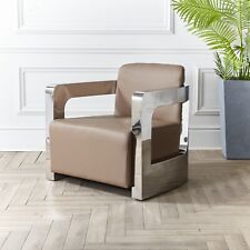 Retro Aviator TUB Accent Real Leather Chunky Chrome Stainless Steel Arm Chair .