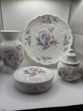 Aynsley Fine Bone China Vase Trinket Plate & Pot with Lid Made In England Floral