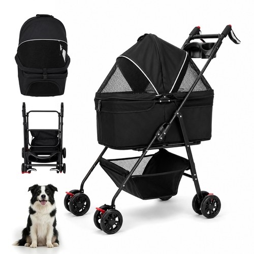 Black pet stroller for medium - black,