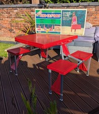 Vintage Fold Out Table & Chairs Red Camping Camper 1980's Plastic & Aluminium 