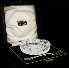Cased Sterling Silver Butter Fork & Cut Glass Butter Dish, Birmingham 1933