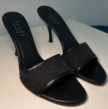 Gucci Black  Monogram Canvas Mule Sandals Heels 36.5/6 US