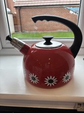 VTG Kitsch Enamel Red Floral Whistling Kettle Camping Campervan Caravan Retro 