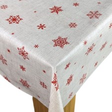 WIPEABLE Tablecloth Christmas Red Snowflakes on Beige Linen Effect PVC Vinyl