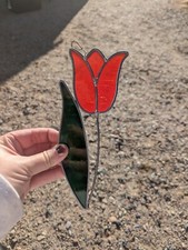 Vintage Stained glass Sun Catcher Window Hanger - Red Tulip - Floral