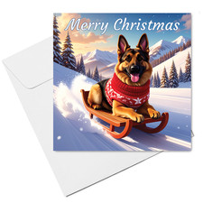 German Shepherd Dog on Sled Christmas Card  (15cm x 15cm) With Envelope