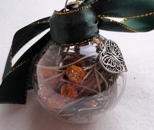 Witch ball, Pine, Rowan, green ribbon, charm, witch/pagan/gift/Yule decor