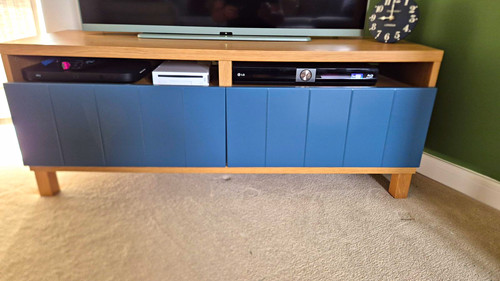 Blue brown wood tv stand - &,