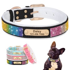 Bling Rhinestone Personalised Dog Collar Engraved ID Pet Necklace Fleece Padded 