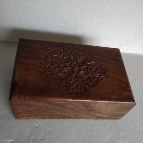 Celtic cross carved wooden box - cross,