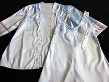 Vintage Nightgown + Robe Peignoir Set S Silky Blue Nylon Illusion Lace Bodice