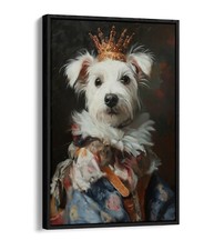 WHITE RUSSELL TERRIER WEARING CROWN FLOAT EFFECT FRAME CANVAS ART PIC PRINT