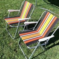 Vintage Folding Pair Of Deck Chairs 1970s Pattern Fabric striped Camper Garden