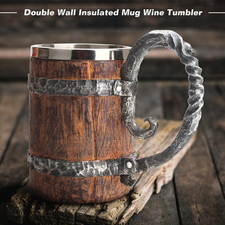 Viking Wood Style Beer Mug Simulation Wooden Barrel Beer Cup Double Wall 