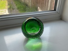 Large Boxed Emerald Green Art Glass Control Bubble Etched Dolphin Paperweight
