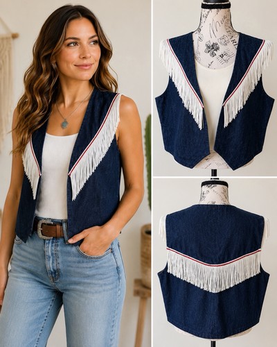 Western denim fringe vest - denim, with