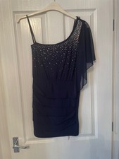Deb Blue Sequin party Mini Dress One Shoulder. Sheer sleeve Party Vintage Size L