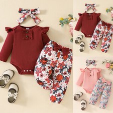 Newborn Baby Girls Ribbed Romper Tops Floral Pants Headband Outfits Clothes Set