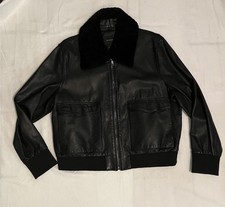 Banana Republic Black Lamb Skin Leather Bomber Jacket with Shearling Collar