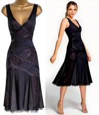 KAREN MILLEN  ❤ VINTAGE BLACK SATIN MESH LACE COCKTAIL FIT FLARE DRESS ❤ UK 12
