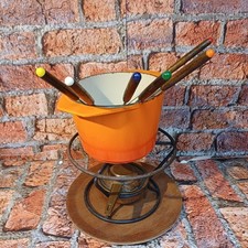 Le Creuset,Fondue & Stand Enzo Mari. Vintage Volcanic Orange Enameled Cast Iron.