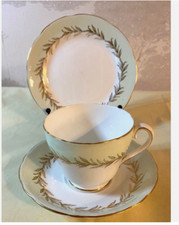 Vintage Tea Cup Trio. Adderley Bone China. Mint green & gold. 1950s. VG Cond.