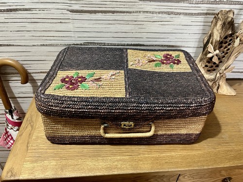 Vintage woven straw suitcase - vintage,