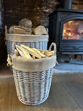 Round Grey-wash Wicker Log Fireside Storage Basket with Hessian Liner