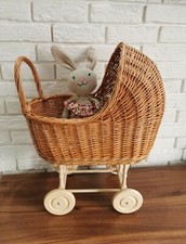 VINTAGE STYLE WICKER WOODEN HANDMADE DOLL PRAM BUGGY GIRLS JUNIOR TOY NATURAL
