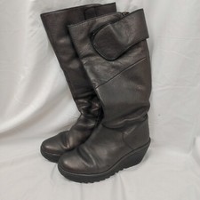 Fly London Yulo Womens Size 5 Brown Metallic Sheen Leather Knee High Wedge Boots