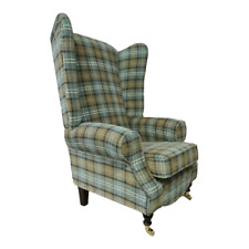 Queen Anne Style Arm Chair Extra Tall High Back  Lana Duck Egg  Blue Tartan