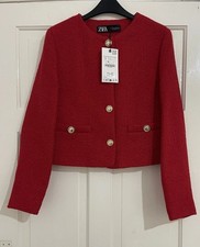 ZARA RED CROPPED TEXTURED WOOL BLEND BLAZER JACKET WITH GOLDEN BUTTONS SIZE S