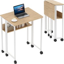Folding Desk with Storage Shelf Foldable Computer Desk Writing Table on Wheels
