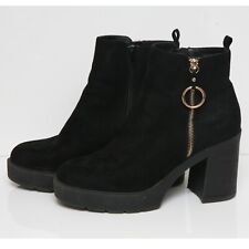 River Island Black Suede Womens Chunky Heel Ankle Boots Size 8 UK Eur 41