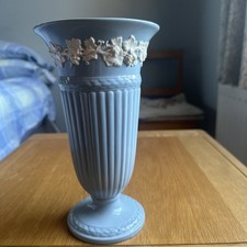 Wedgwood Queensware Embossed White On Blue Vase 8.5 inches 