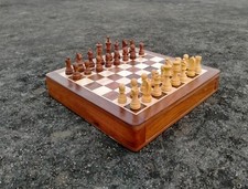 Indian Handmade Wood Drawer Chess Board 10"x10" Inch With Magnetic Chess Pieces