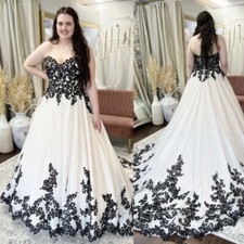 Gothic Black and White Wedding Dress Plus Size Strapless Sweep Train Bridal Gown