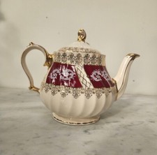 Vintage Sadler England Teapot- Red Panels With Spiral Design & Gold Trim