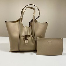TOD'S T Timeless Leather Shopping Bag Medium - Beige (cream) Leather Tote Bag