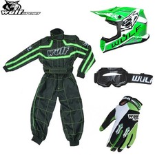 Wulf Kids Green Motocross Helmet Stratos Gloves Goggles Kart Race Suit Off Road