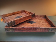 Handmade Serving Tray Wooden Set of 2 for coffee Table Breakfast Dinning Kitchen