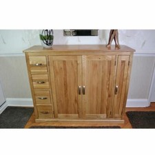 Solid Oak Furniture Large Shoe Cupboard Hall Storage with Drawers & Shelves