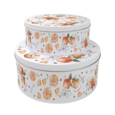 Set of 2 Tangerines Cake Tins - Fruit & Flowers Round Metal Storage Baking Gifts