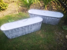 New Pair Ribbed Trough Vintage Grey Zinc Galvanised Metal Garden Planter FlowerL
